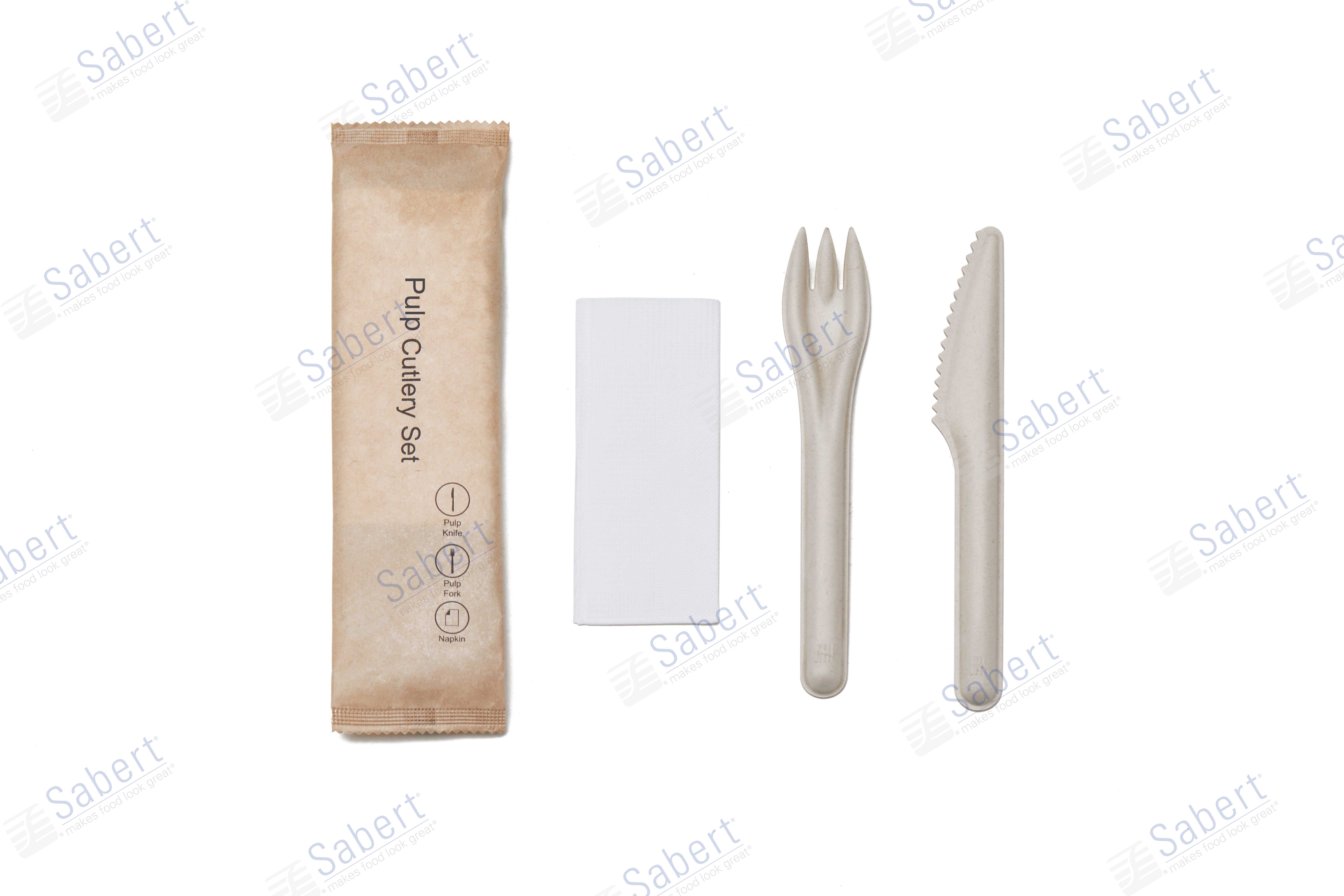 3合1 纸浆餐具套装（刀, 叉, 纸巾） 淋膜纸包装